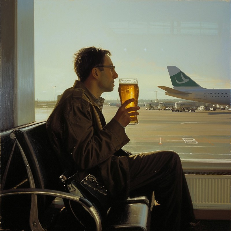 Mann trinkt am Flughafen ein Bier