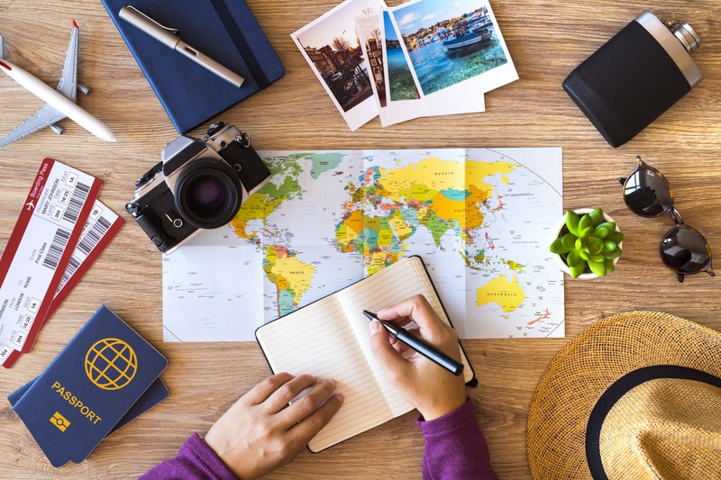 Urlaubsplanung, Packliste, Fotokamera, Reisepass, Weltkarte