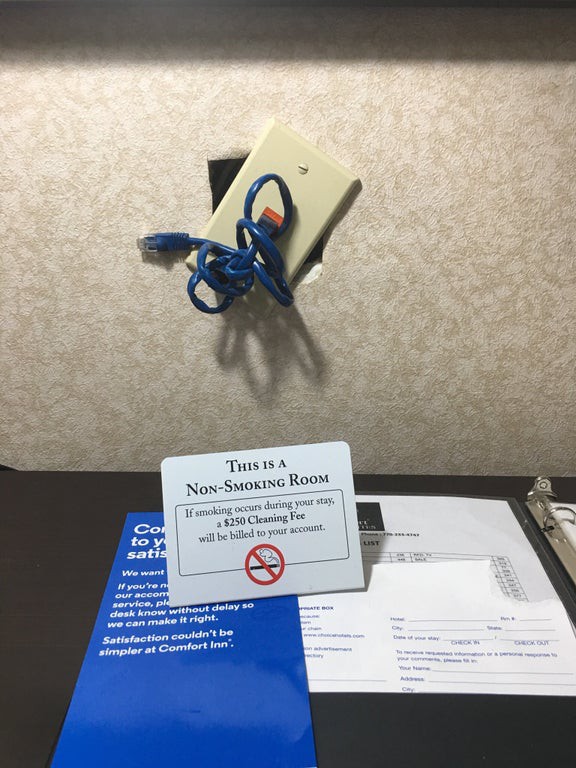 Kabel kommen aus einer Wand im Hotelzimmer