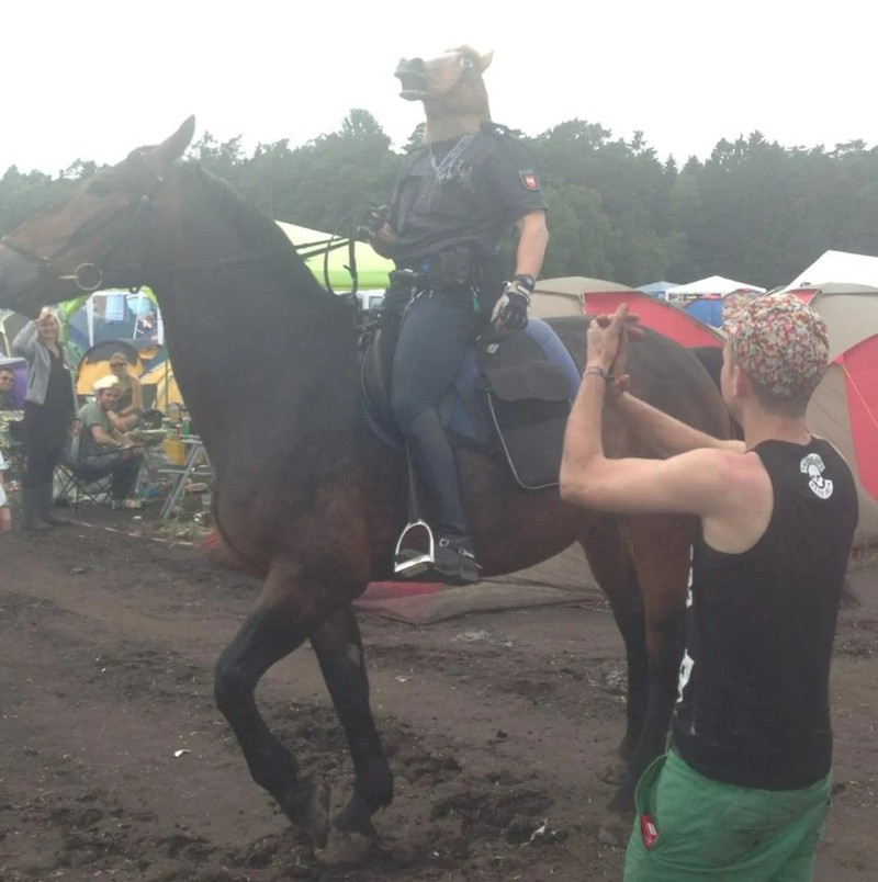 Ein Polizist mit Pferdemaske auf einem Pferd