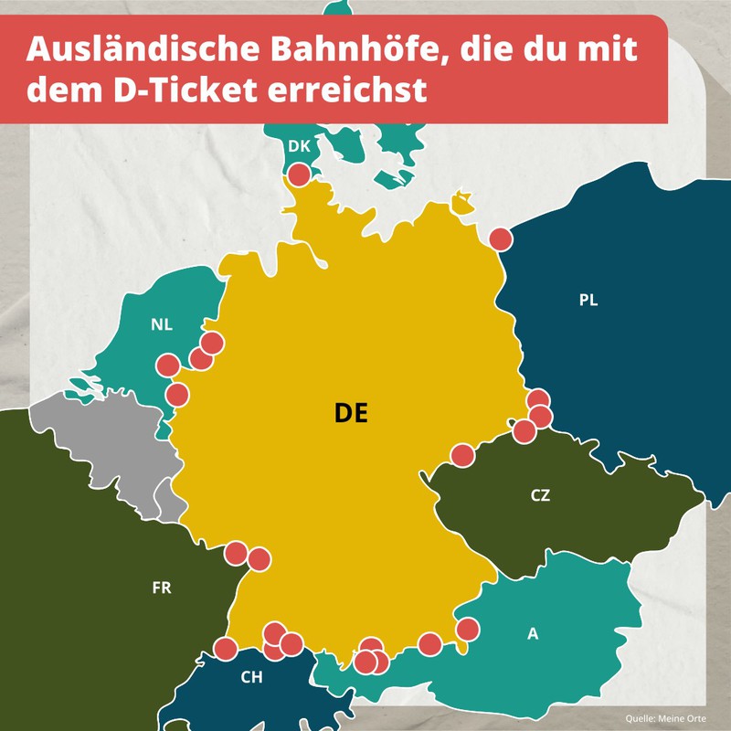 Karte: Mit dem Deutschlandticket kann man auch ins Ausland fahren